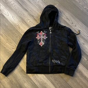 Rock & Roll Cowgirl Black Hoodie with Red and Silver Accents